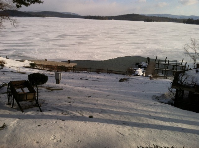 A serene view of the lake from a wooden deck, surrounded by trees and reflecting the clear blue sky.